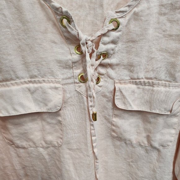 Company Ellen Tracy Womens Peach Linen Blouse XL Lace Up Tab Sleeve Hi-Low Top - Picture 4 of 9